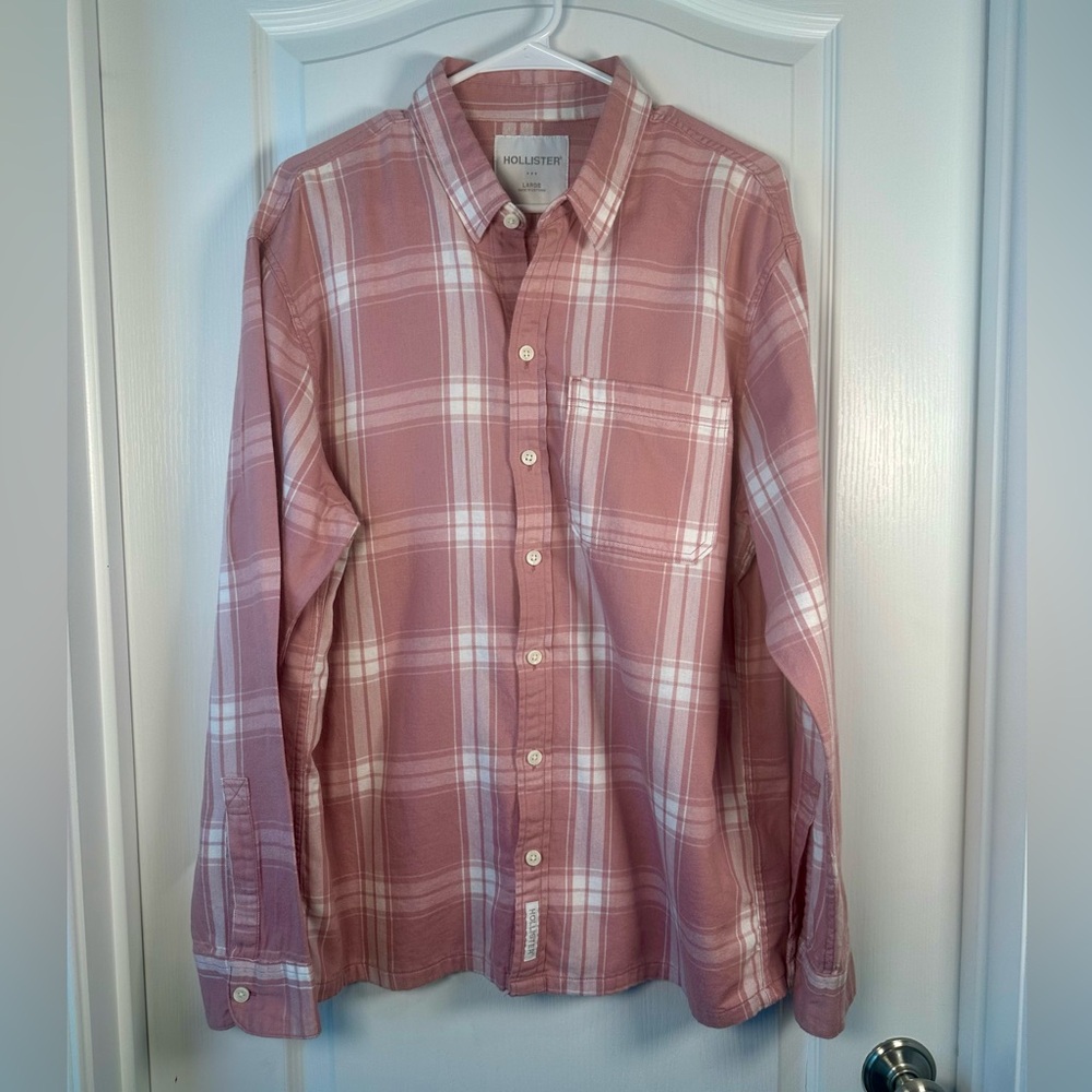 Hollister Men’s Large Pink White Plaid Flannel Shirt Long Sleeve Button Down